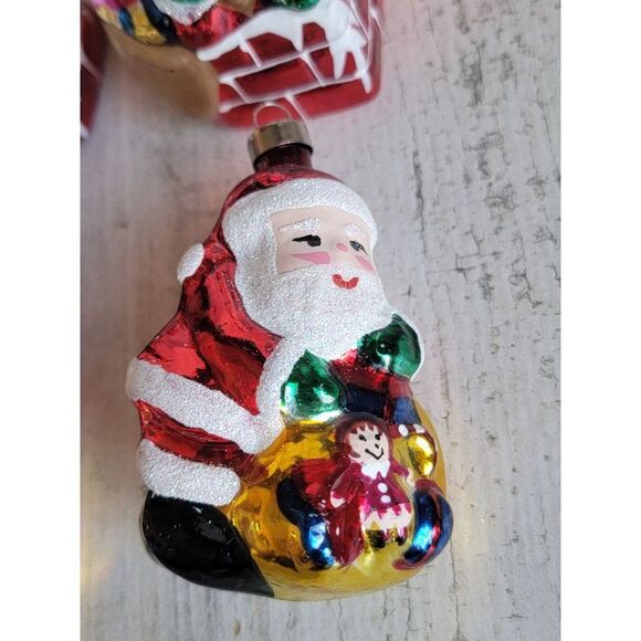 Blown glass Santa Claus chimney toy bag ornament set glitter Xmas - Picture 4 of 8